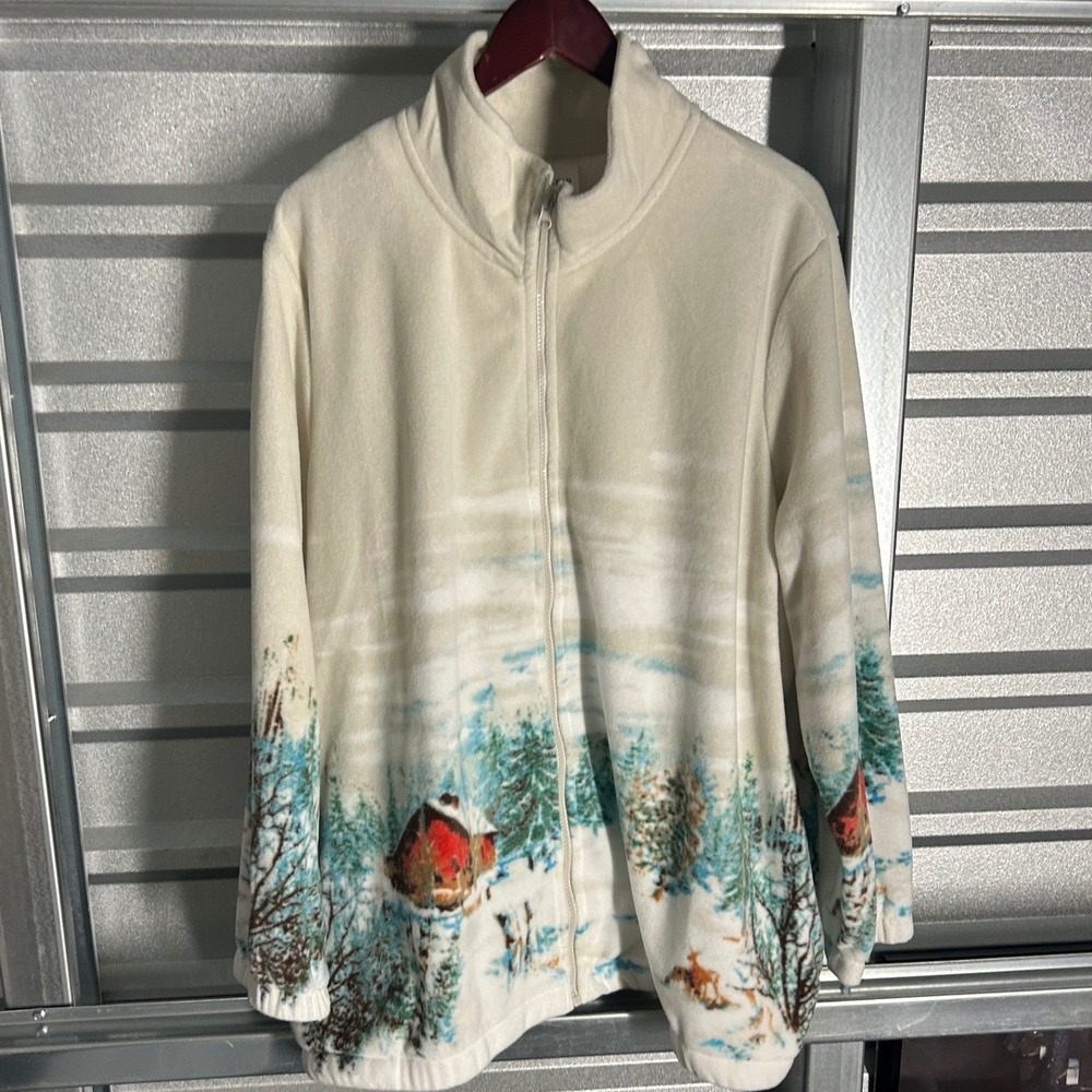 Blair Fleece Jacket Womens 3XL Cream Winter Scenic Cabin Cottagecore Cozy
